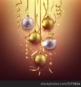 Christmas and New Year soft background design, decorative gold balls with confetti, vector illustration