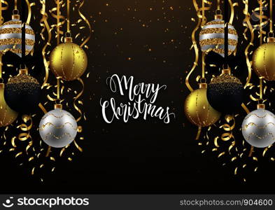 Christmas and New Year soft background design, decorative gold balls with confetti, vector illustration