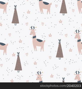 Christmas and New Year symbols tree and deer scandinavian hand drawn seamless pattern. Vector cute print. Digital paper. Design element. Christmas and New Year symbols tree and deer scandinavian hand drawn seamless pattern. Vector cute print. Digital paper. Design element.