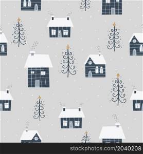 Christmas and New Year symbols with winter house and Christmas trees scandinavian hand drawn seamless pattern. Vector cute print. Digital paper. Design element. Christmas and New Year symbols scandinavian hand drawn seamless pattern. Vector cute print. Digital paper. Design element.