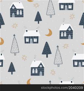 Christmas and New Year symbols with winter house and Christmas trees scandinavian hand drawn seamless pattern. Vector cute print. Digital paper. Design element. Christmas and New Year symbols scandinavian hand drawn seamless pattern. Vector cute print. Digital paper. Design element.