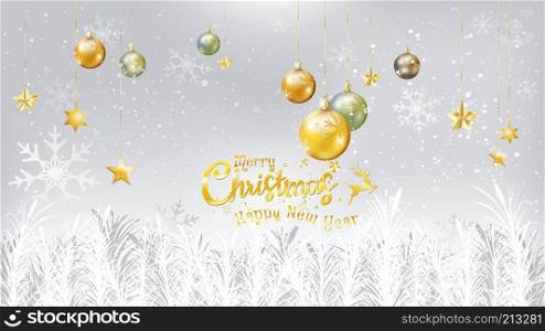 Christmas and New Year typography on white background decoration with glitter christmas balls and golden stars hanging and white tree branches and snowflakes. Vector illustration.