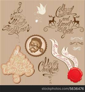 Christmas and New Year vintage decoration collection in beige and brown colors. Set of calligraphic and typographic elements, frames, vintage labels, Santa Claus head, bird and reindeers.