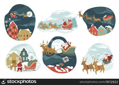 Christmas and new year winter holidays celebration. Santa claus flying or riding on sleight delivering gifts for xmas. Snowy cityscape at night with full moon and stars. Greetings vector in flat. Santa Claus riding on sledges giving presents for xmas