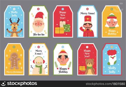 Christmas and New Year winter holidays gift tags. Merry Christmas Santa, bear, reindeer and snowman labels vector illustration set. Xmas gift boxes tags decoration collection for celebration. Christmas and New Year winter holidays gift tags. Merry Christmas Santa, bear, reindeer and snowman labels vector illustration set. Xmas gift boxes tags