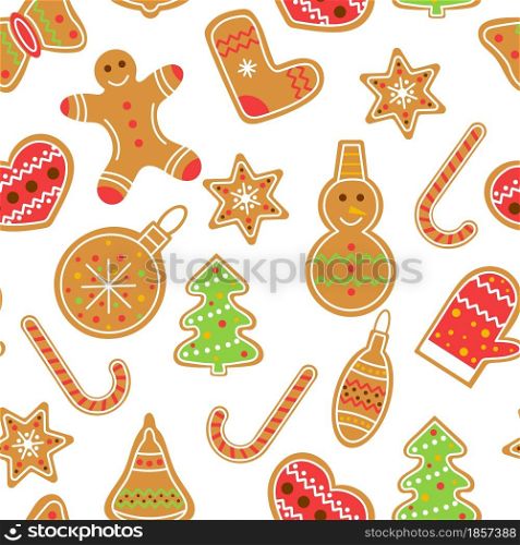 Christmas and New Years pattern with traditional gingerbread. Festive background with cookies. Baking snowman, snowflake, bells, ball, man, sapon and heart. Seamless template for wallpaper, packaging and design.. Christmas and New Years pattern with traditional gingerbread.