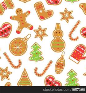 Christmas and New Years pattern with traditional gingerbread. Festive background with cookies. Baking snowman, snowflake, bells, ball, man, sapon and heart. Seamless template for wallpaper, packaging and design.. Christmas and New Years pattern with traditional gingerbread.