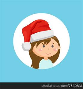 Christmas and Santa hat on little girl portrait. Winter holiday celebration, festive headdress, child or kid, party costume, red textile and fur. Vector illustration in flat cartoon style. Girl in Christmas Hat, Winter Holiday Celebration
