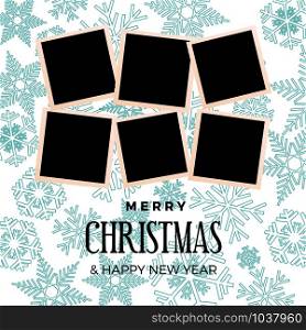 Christmas and winter background with photos, blank frames. Vector template with pictures to insert