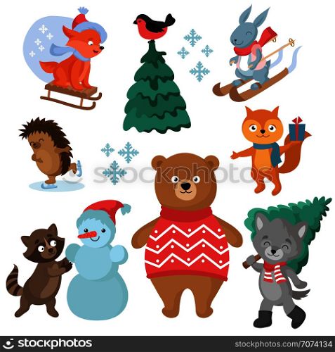Christmas and winter holiday funny animals vector collection. Christmas animal and snowman illustration. Christmas and winter holiday funny animals vector collection