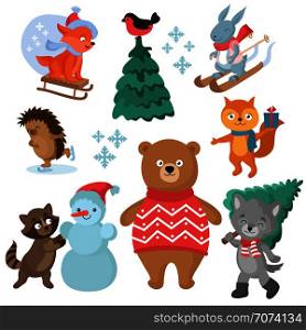 Christmas and winter holiday funny animals vector collection. Christmas animal and snowman illustration. Christmas and winter holiday funny animals vector collection
