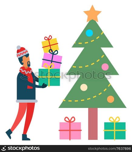 Christmas and winter holidays celebration vector, isolated pine tree and male carrying gifts. Father hiding presents for family under spruce decorated with baubles and garlands. Flat style xmas. Xmas and Winter Holidays Pine Tree and Presents