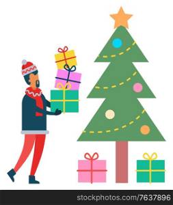 Christmas and winter holidays celebration vector, isolated pine tree and male carrying gifts. Father hiding presents for family under spruce decorated with baubles and garlands. Flat style xmas. Xmas and Winter Holidays Pine Tree and Presents