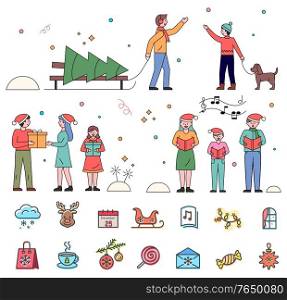 Christmas and winter holidays vector, isolated set of people and icons. Man with pine tree greeting character walking dog. Gift exchanging and caroling family. Sign of cloud and cup of tea flat style. Christmas Traditions of People and Icon Set Vector