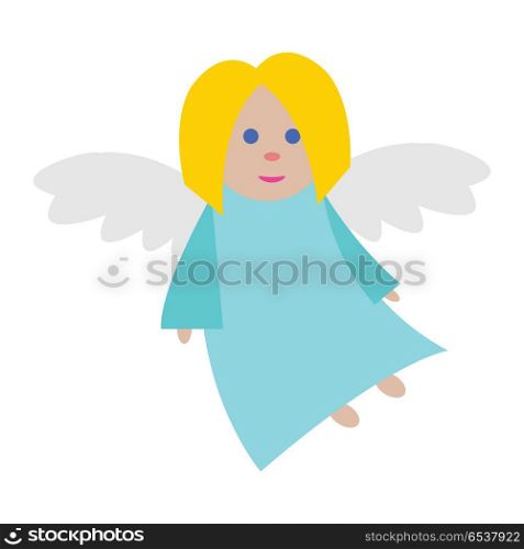 Christmas Angel. Blue Clothes. White Long Wings. New Year big angel isolated. Light blue long dress. Fair hair and blue eyes. Small flying girl. White straightened wings. Simple cartoon style. Flat design. Comic illustration in 80s 90s style. Vector