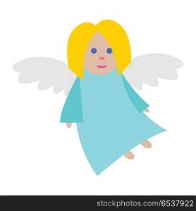Christmas Angel. Blue Clothes. White Long Wings. New Year big angel isolated. Light blue long dress. Fair hair and blue eyes. Small flying girl. White straightened wings. Simple cartoon style. Flat design. Comic illustration in 80s 90s style. Vector