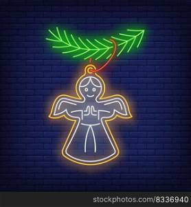 Christmas angel cookie neon sign. Fir tree, bauble, hanging. Vector illustration in neon style for topics like sweet, Xmas, traditional dinner, dessert