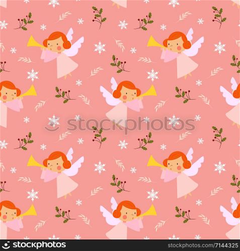 Christmas angels play trumpet seamless pattern. Lovely angle on pink color background.