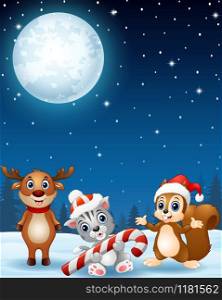 Christmas animals in the winter night background