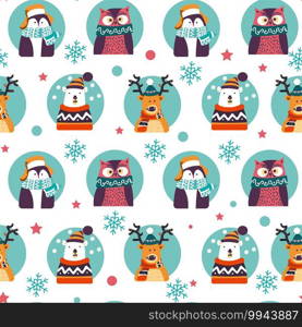 Christmas animals wearing warm knitted clothes. Deer and penguin, owl and while polar bear. Xmas and new year celebration. Reindeer and bird with snowflakes. Seamless pattern, vector in flat style. Xmas animal characters, bear and deer pattern