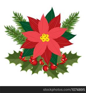 Christmas arrangement, poinsettia, fir branches, Holly leaves and red berries of mistletoe. Vector illustration for postcards, banners, posters, greetings, covers and cards