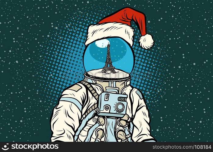 Christmas astronaut with dreams of Paris. Pop art retro vector illustration.. Christmas astronaut with dreams of Paris