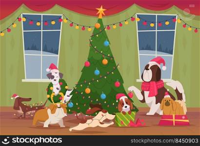 Christmas background. Cute funny animals dogs preparing to new year decorate the christmas tree exact vector illustration. Holiday christmas tree, animal character doggy. Christmas background. Cute funny animals dogs preparing to new year decorate the christmas tree exact vector illustration