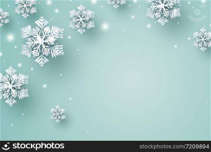 Christmas background design of snowflake and snow falling in the winter with copy space vector illustration