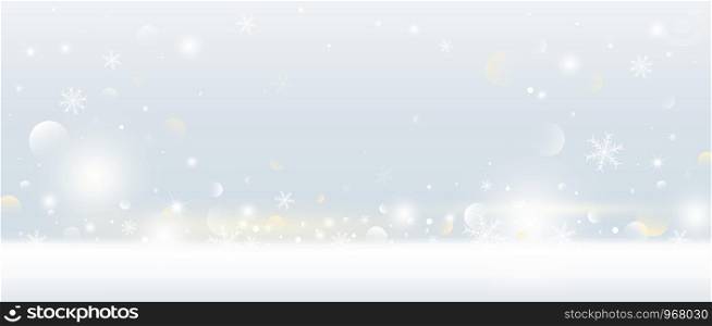 Christmas background design of snowflake and snow falling with bokeh lights vector illustration