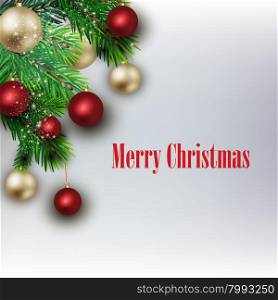 Christmas background from fir twigs and colorful decorative Christmas balls. White card with Christmas