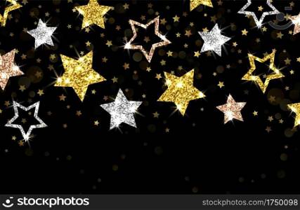 Christmas background. Gold stars vector banner. Shining silver gold bronze stars, new year xmas backdrop, card template. Christmas shimmering card, celebration banner with star glittering illustration. Christmas background. Gold stars vector banner. Shining silver gold bronze stars, new year xmas backdrop, card template