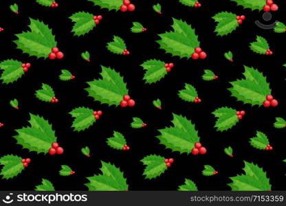 Christmas background. Holly berry. Seamless pattern. EPS 10 vector on black. Mistletoe cartoon decoration