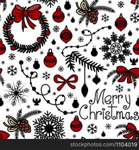 Christmas background in hand drawn doodle style. Red and black colors. Isolated on white background. Perfect for wrapping paper, wallpaper, fabric print. Vector illustration. Christmas seamless pattern