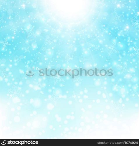 Christmas background of bright snowflake colorful with sun burst on blue sky background. illustration vector eps10
