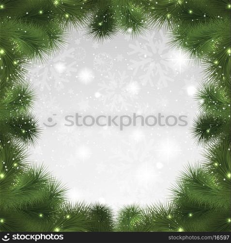 Christmas background of fir tree branches on a snowflake background
