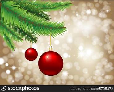 Christmas background of glittery stars and bokeh lights with hanging baubles