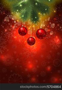 Christmas background of hanging baubles and bokeh lights