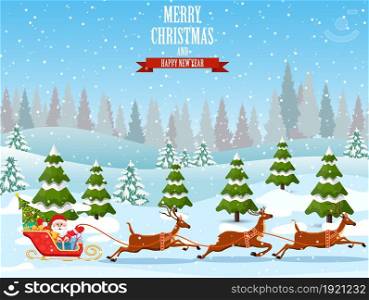 Christmas background. Santa claus rides reindeer sleigh. Winter landscape with fir trees forest and snowing. Happy new year celebration. New year xmas holiday. Vector illustration flat style. Christmas santa claus rides reindeer sleigh.