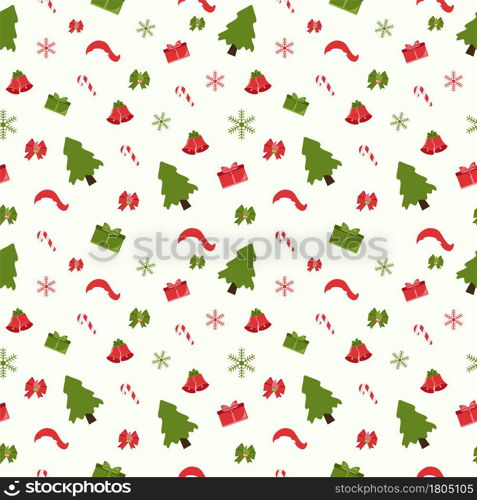 Christmas Background Seamless Pattern With Santa Claus, Tree, Socks, Snowman And Gifts For Landing Page, Wallpaper Or Decoration