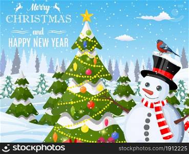 Christmas background. Snowman with fir tree. Winter landscape with fir trees forest and snowing. Happy new year celebration. New year xmas holiday. Vector illustration flat style. Snowman with fir tree.