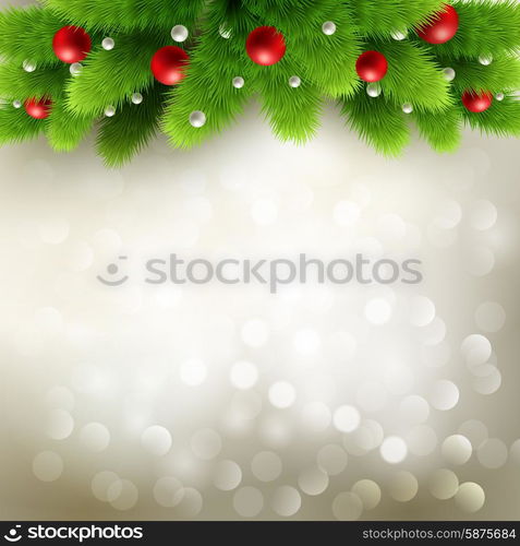 Christmas background Vector illustration.. Winter background with green pine branch and baubles. Christmas tree decoration. Vector illustration.