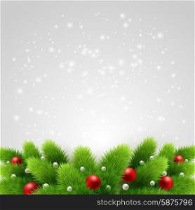 Christmas background Vector illustration.. Winter background with green pine branch and baubles. Christmas tree decoration. Vector illustration.