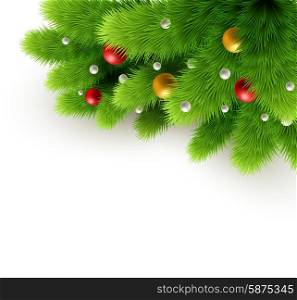 Christmas background Vector illustration.. Winter background with isolated pine branch and baubles. Christmas tree decoration. Vector illustration.