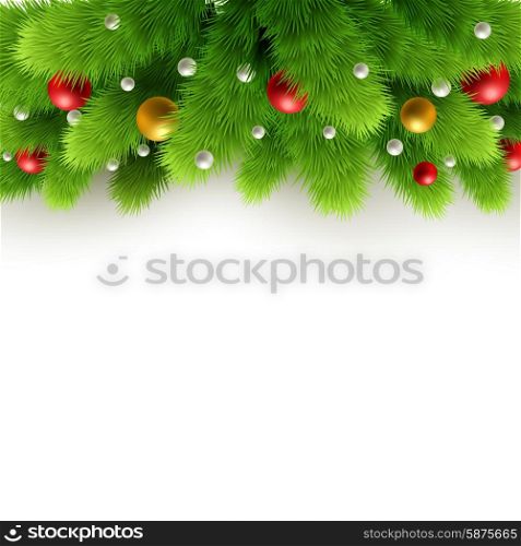 Christmas background Vector illustration.. Winter background with isolated pine branch and baubles. Christmas tree decoration. Vector illustration.