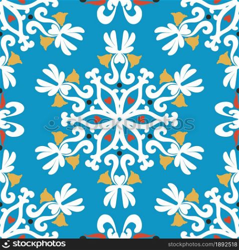 Christmas background. White snowflakes on a blue background. Seamless pattern, white ornament on blue. Damask patterns. Damask patterns. Vector graphic. For fabric, tile, wallpaper or packaging.