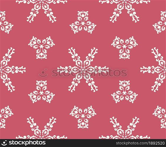 Christmas background. White snowflakes on a pink background. White ornament seamless pattern on pink. Damask patterns. Vector graphic. For fabric, tile, wallpaper or packaging.