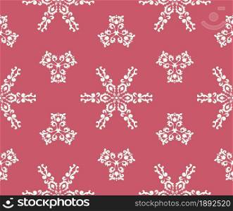 Christmas background. White snowflakes on a pink background. White ornament seamless pattern on pink. Damask patterns. Vector graphic. For fabric, tile, wallpaper or packaging.