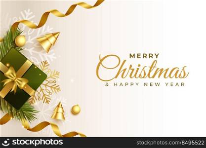 christmas background with 3d realistic elements including gift box tree and ribbon