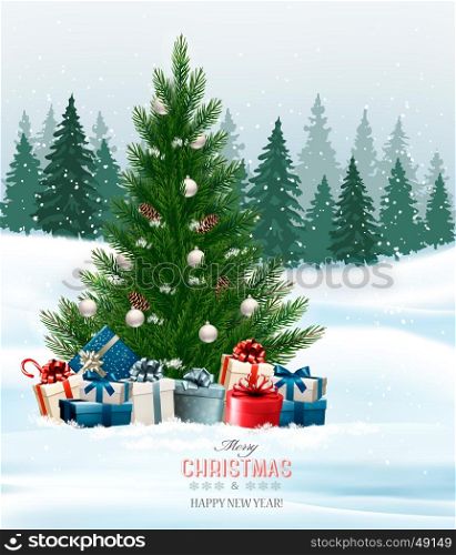 Christmas background with a Christmas tree and presents. Vector.