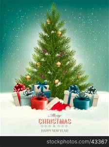 Christmas background with a Christmas tree and presents with santa hat. Vector.